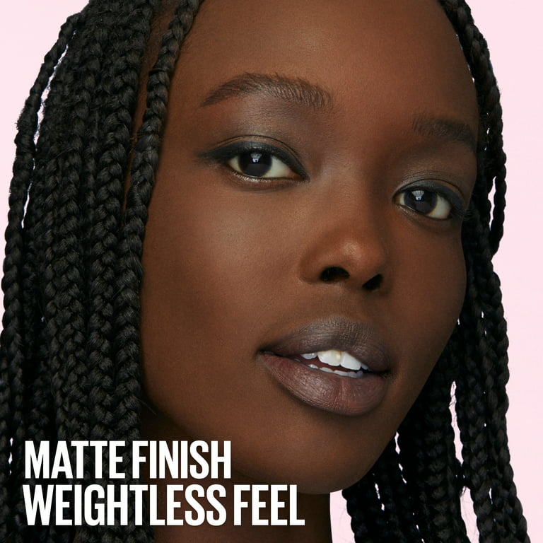 Woman with braided hair against a pink background with text 'MATTE FINISH WEIGHTLESS FEEL'.