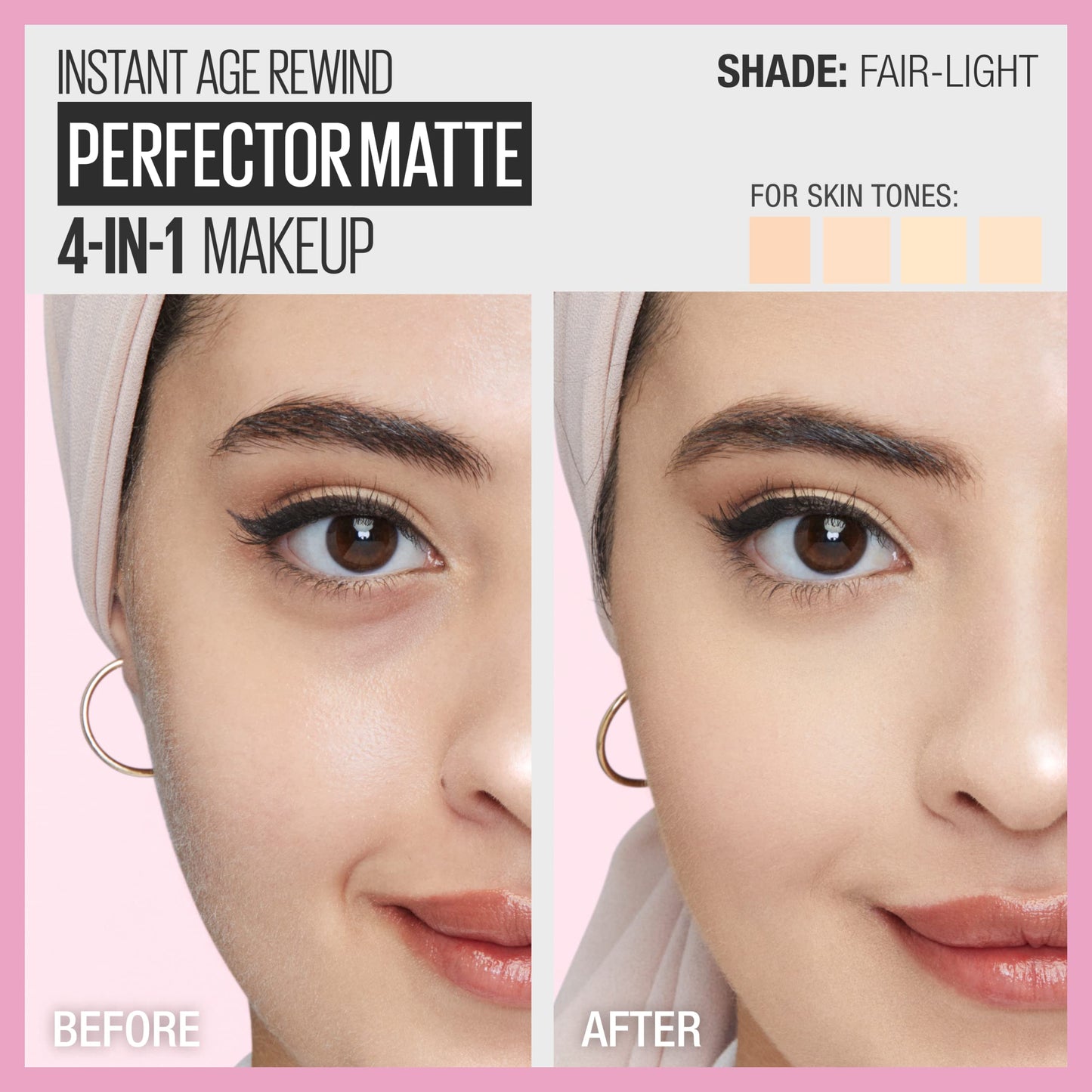 Before and after comparison of a makeup product on a pink background
