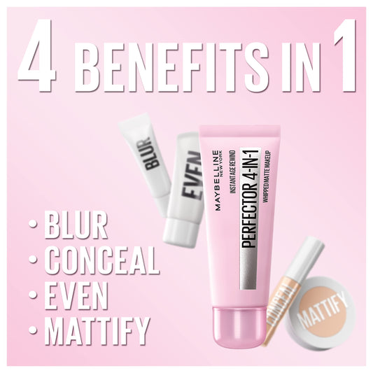 Maybelline makeup products with text on a pink background