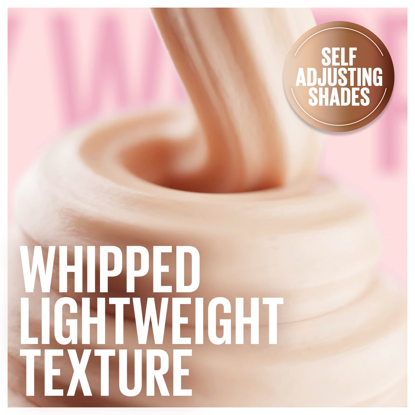 Product with whipped lightweight texture and self-adjusting shades text on a pink background