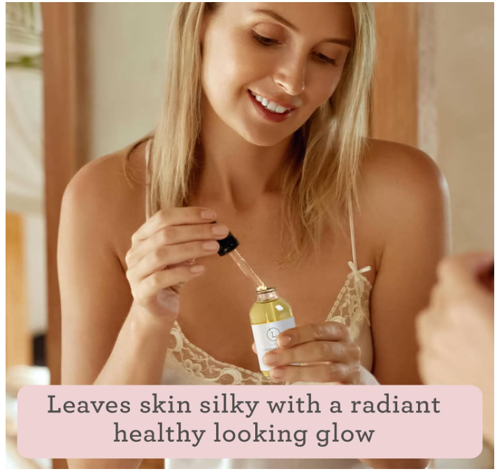 Woman holding a dropper with skincare product, text about skin benefits.