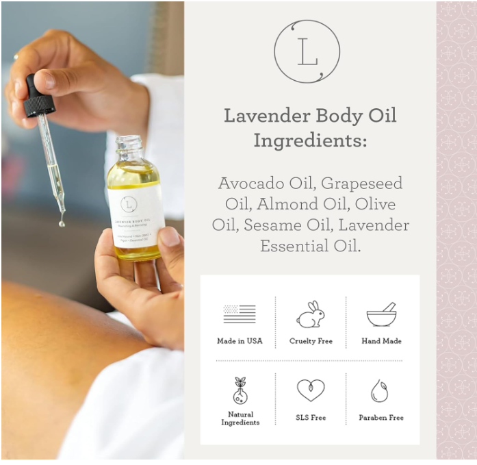 Lavender body oil with dropper and ingredients list on a light background