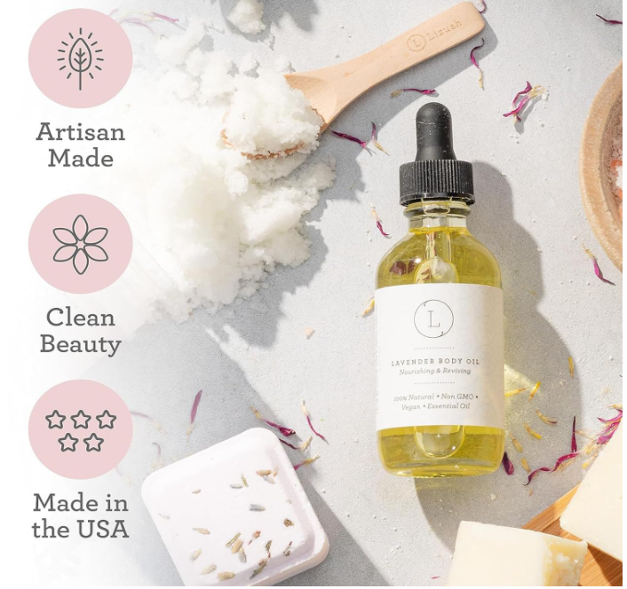 Bottle of lavender body oil with a dropper on a textured surface, featuring icons and text about product attributes.