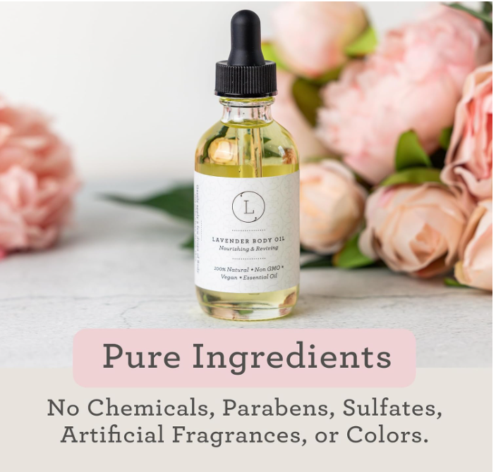 Bottle of lavender body oil with flowers in the background, emphasizing pure ingredients.