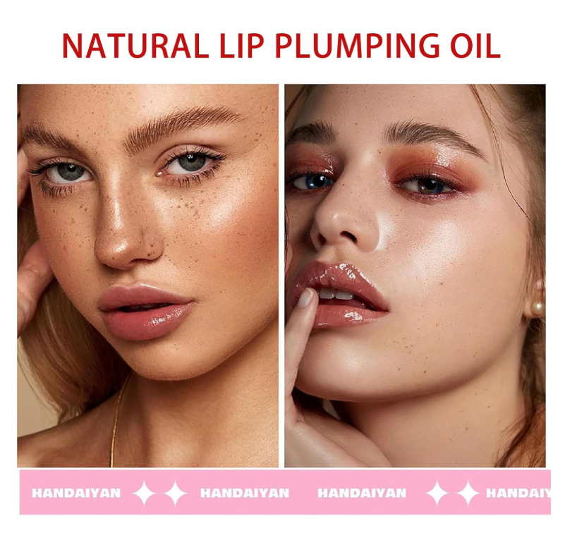 Advertisement for natural lip plumping oil showing a close-up of lips with a brand name at the bottom.