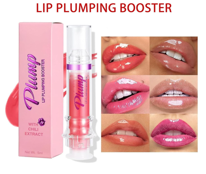 Lip plumping booster with packaging and before-and-after effects on lips.