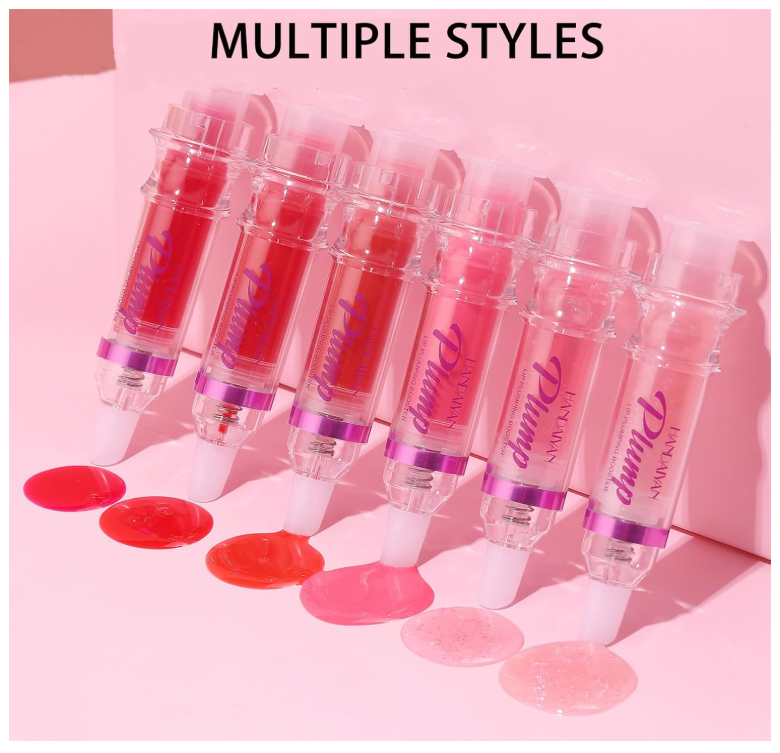 Set of lip gloss tubes with visible brand name on a pink background