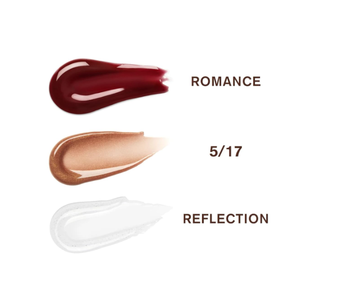 Three swatches of lip color labeled 'Romance', '5/17', and 'Reflection' on a white background.