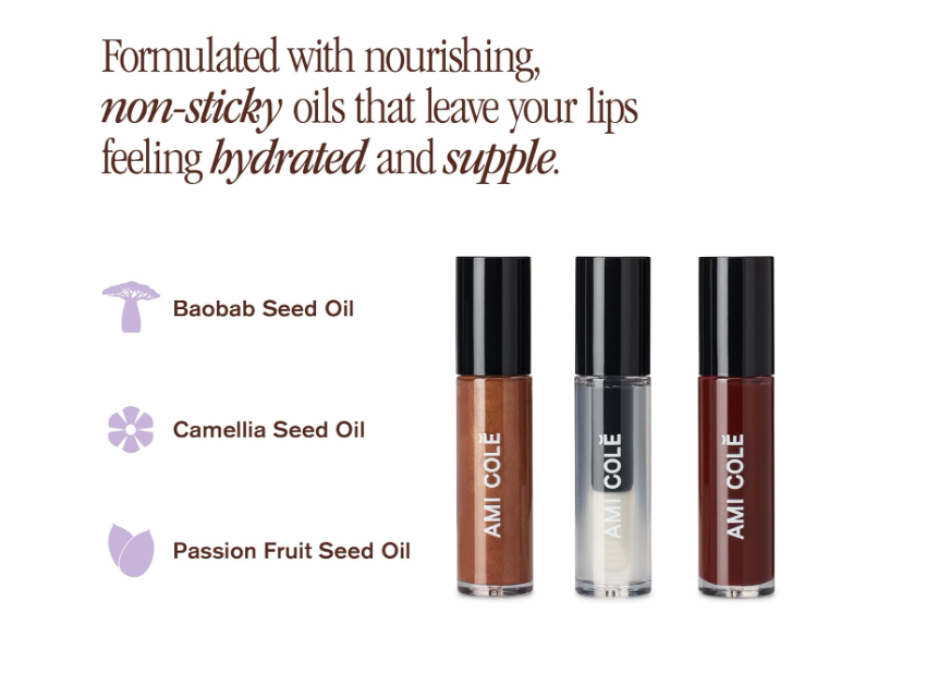 Ami Cole lip products with text about nourishing oils on a white background