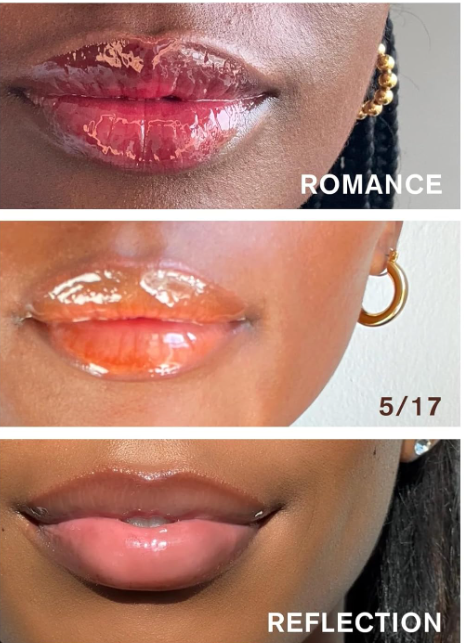 Three different shades of lip gloss labeled 'ROMANCE', '5/17', and 'REFLECTION' on a neutral background.