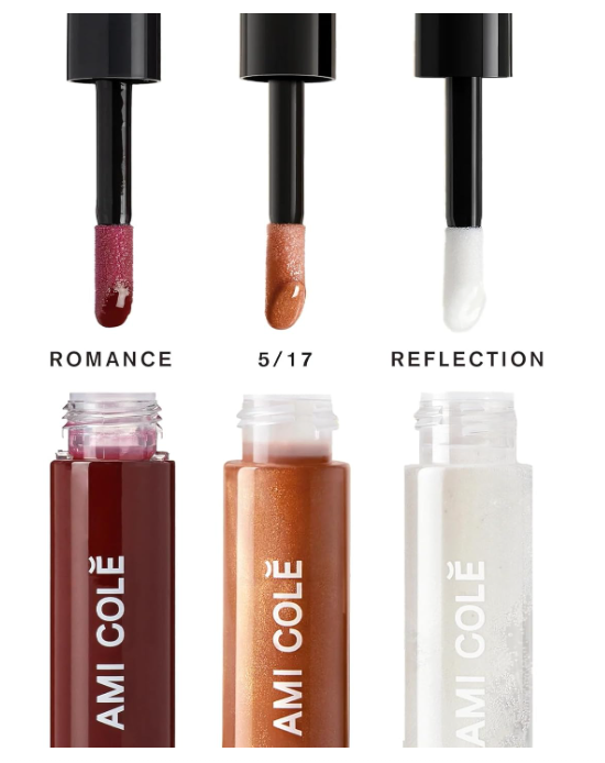 Three lip glosses with applicators labeled 'Romance', '5/17', and 'Reflection' by Ami Cole.