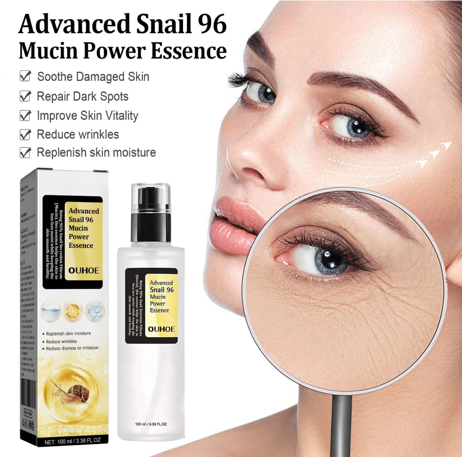 OUHOE Advanced Snail 96 Mucin Power Essence with packaging and close-up of skin benefits.