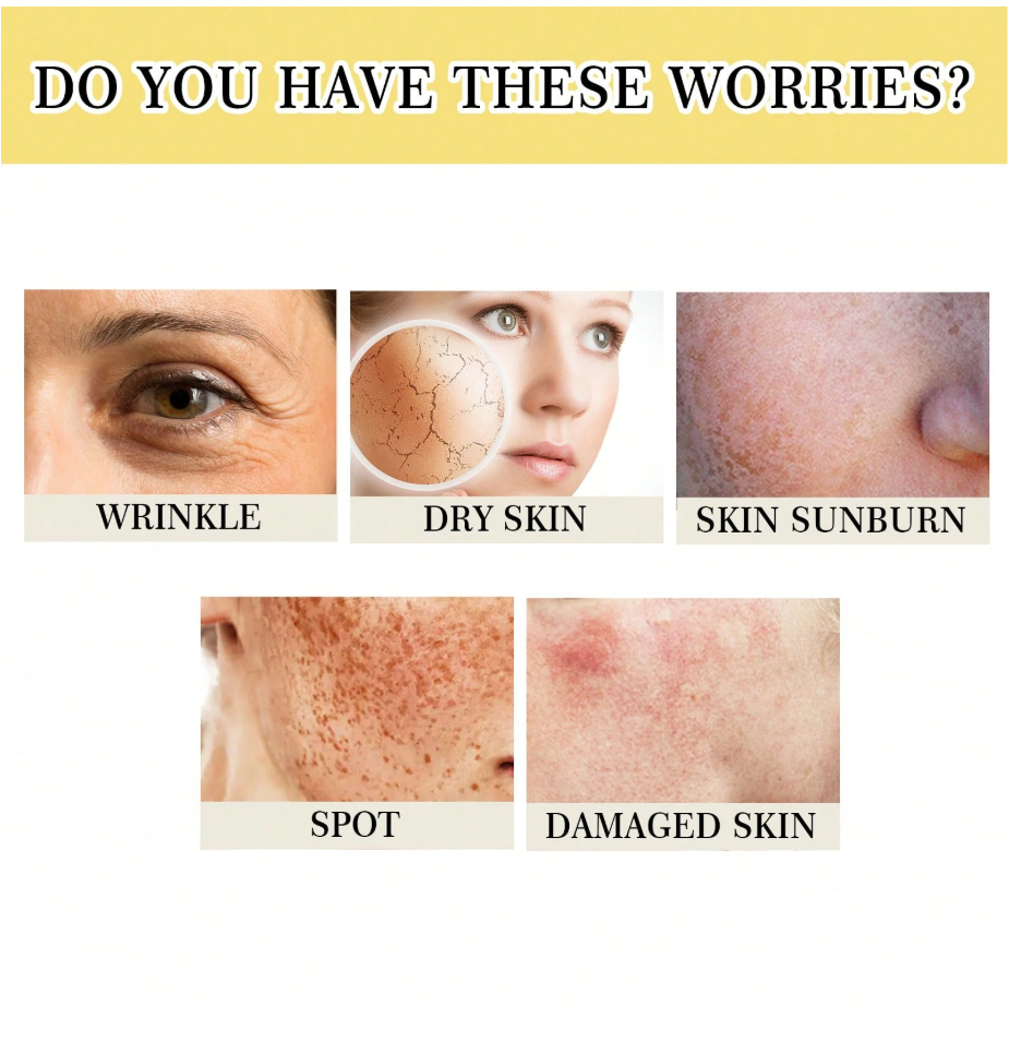 Illustrations of skin concerns including wrinkles, dry skin, sunburn, spots, and damaged skin with text asking if these are worries.