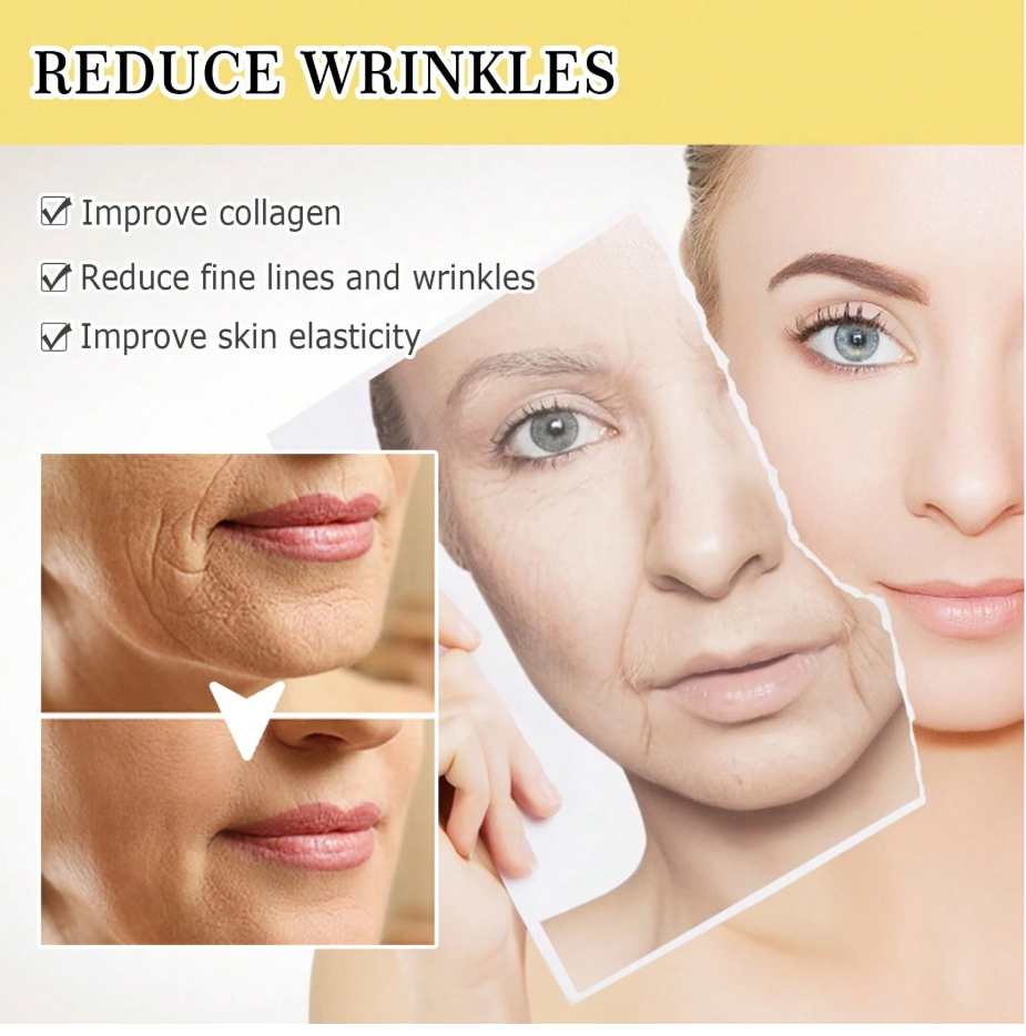 Advertisement for skincare product with before and after effects on skin, highlighting features like improving collagen, reducing wrinkles, and improving skin elasticity.