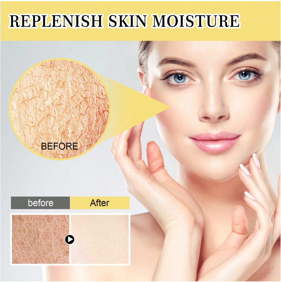 Before and after comparison of skin moisture with a woman's face and close-up of dry skin.