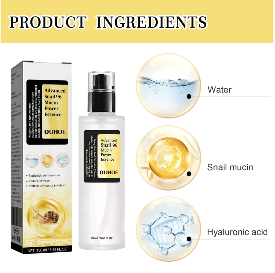OUHOE Advanced Snail 96 Mucin Power Essence with labeled ingredients on a yellow background
