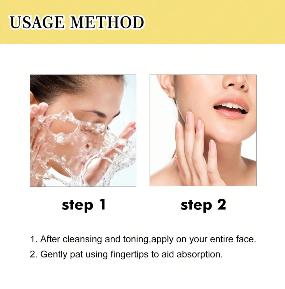 Instructions for using a skincare product with two steps shown on a white background.