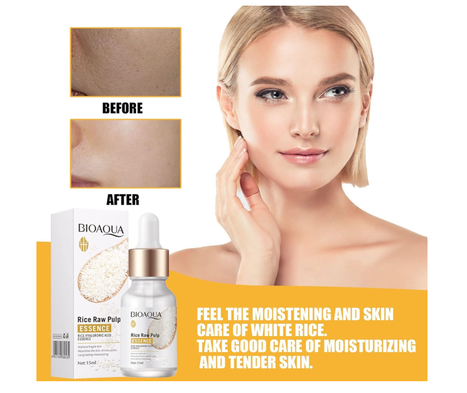 Bioaqua Rice Raw Pulp Essence with 'Before' and 'After' skin comparison on a white background