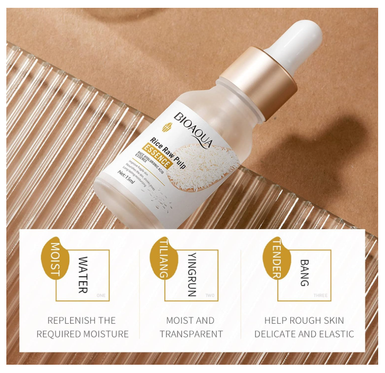 Bioaqua rice bran pulp essence bottle on a wooden background with product benefits displayed.