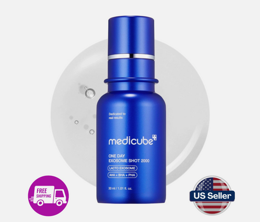 Blue skincare serum bottle with Medicube branding on a white background