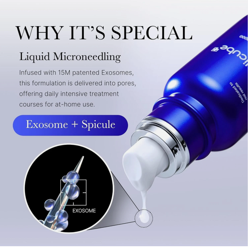 Blue serum bottle with white liquid being dispensed, labeled 'Exosome + Spicule' on a gray background.