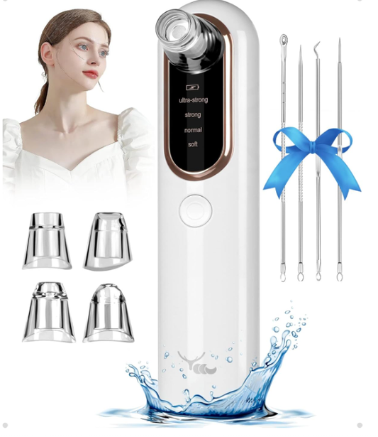 Beauty device with attachments and a woman's face on a white background