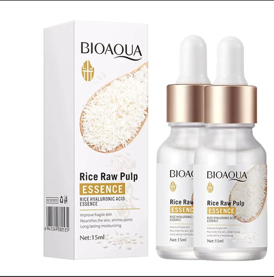 BIOAQUA Rice Raw Pulp Essence bottles and packaging on a white background