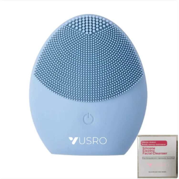 Blue silicone facial cleansing brush with USRO branding on a white background