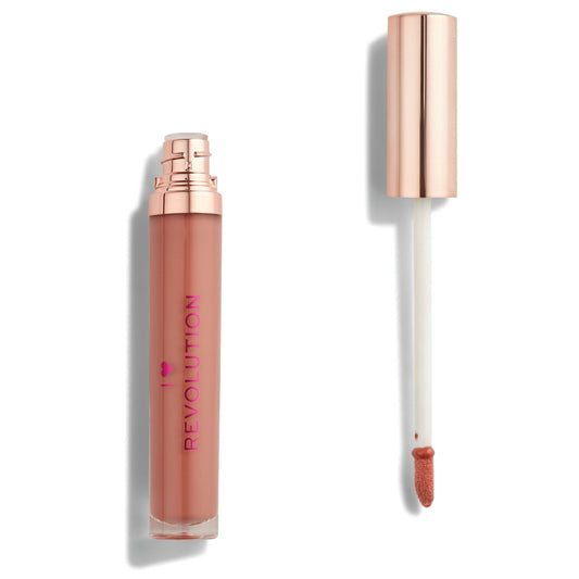 Lip gloss with rose gold cap and 'I Heart Revolution' branding on a white background