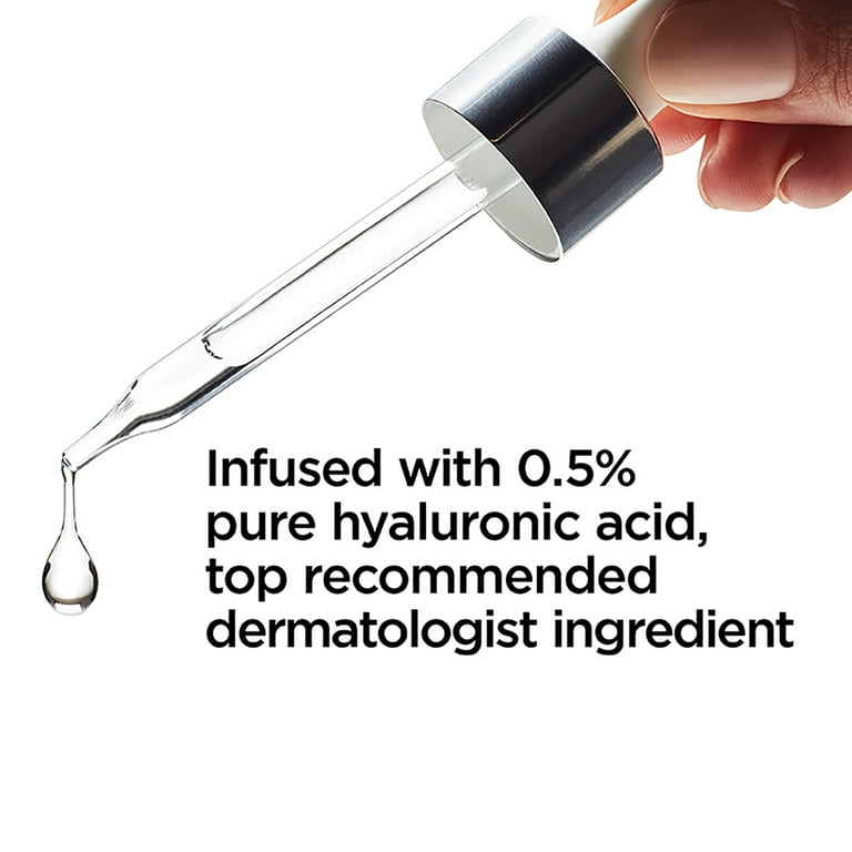 Dropper with liquid and text about hyaluronic acid on a white background