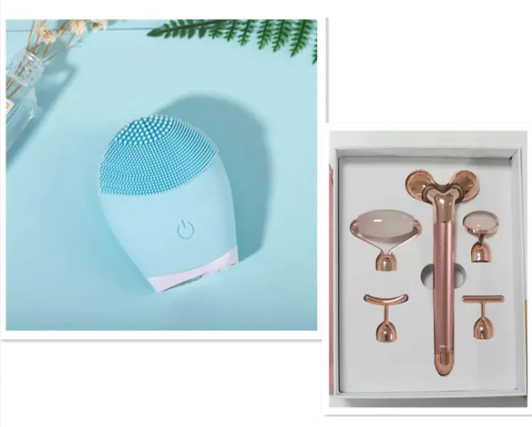 Blue facial cleansing brush on a light blue background with green leaves, and rose gold facial massager set in a white box.