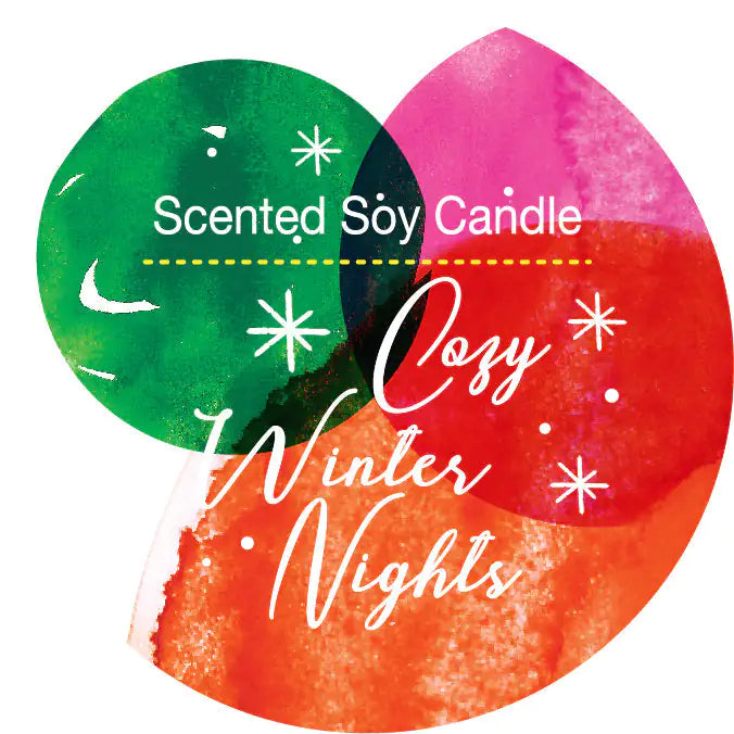 Scented soy candle label with green, pink, and orange colors and text 'Cozy Winter Nights'.