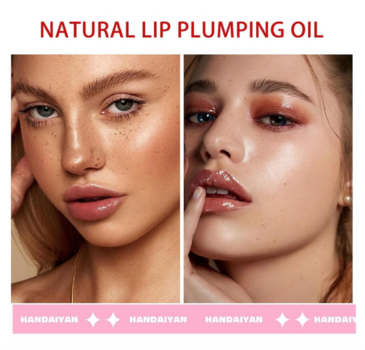 Advertisement for natural lip plumping oil showing a close-up of lips with a brand name at the bottom.