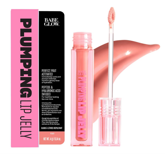 Babe Glow plumping lip jelly with packaging and applicator on a white background