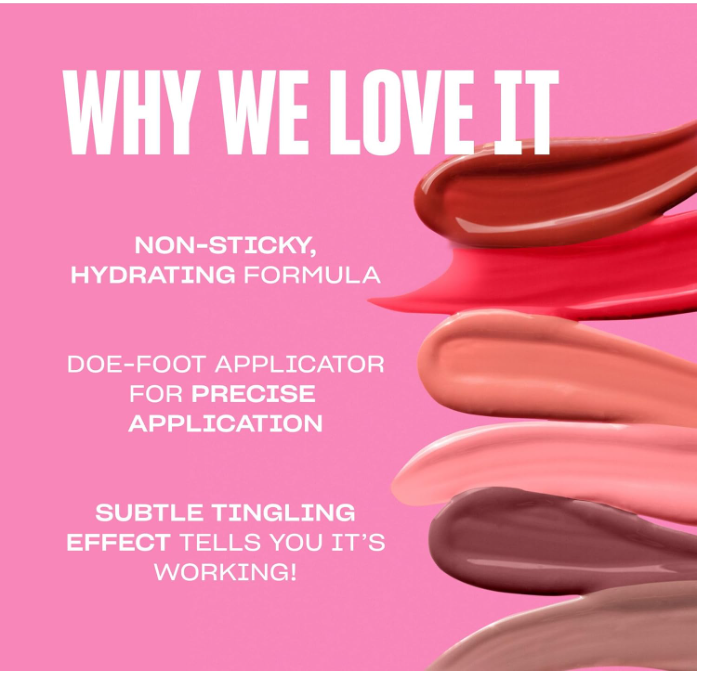 Product swatches with text on a pink background