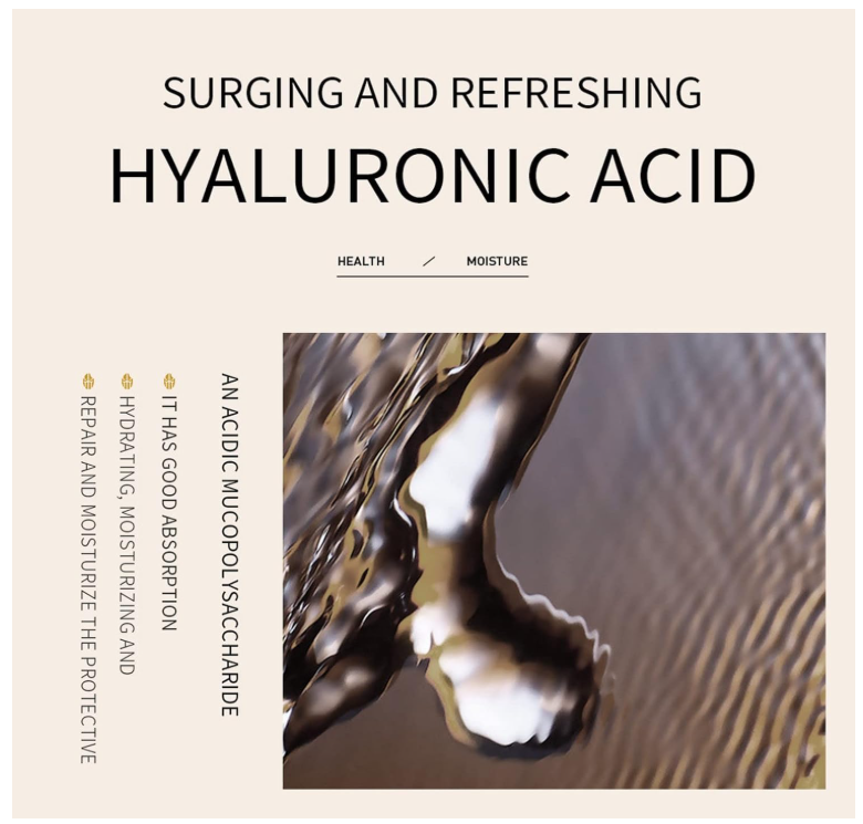 Advertisement for hyaluronic acid with text and a close-up of liquid.