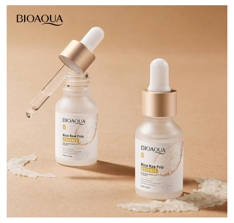 Two Bioaqua Rice Raw Pulp Essence bottles with droppers on a beige background.