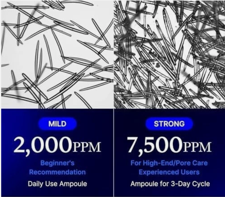 Two images showing different concentrations of needles with text indicating usage recommendations.
