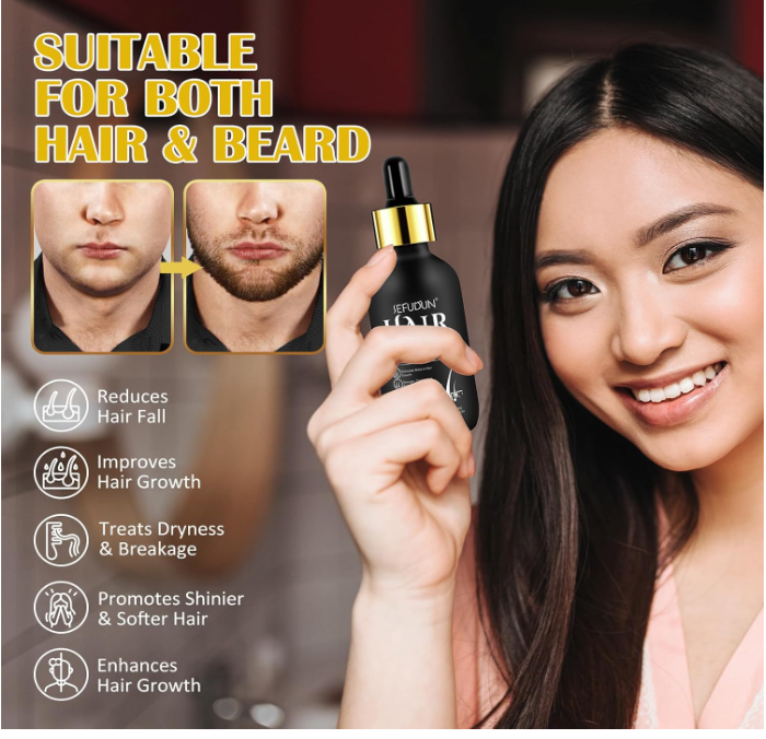 Woman holding a hair oil dropper with product benefits displayed.