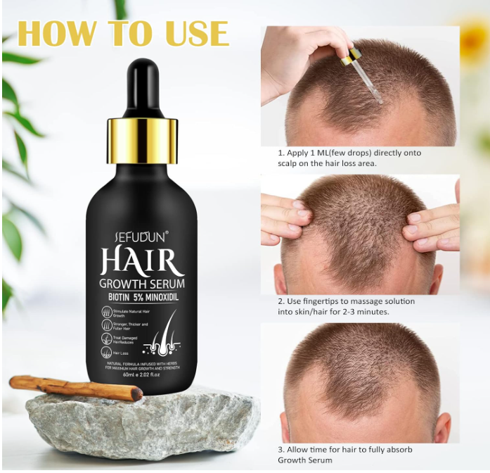 Hair growth serum bottle with usage instructions on a white background