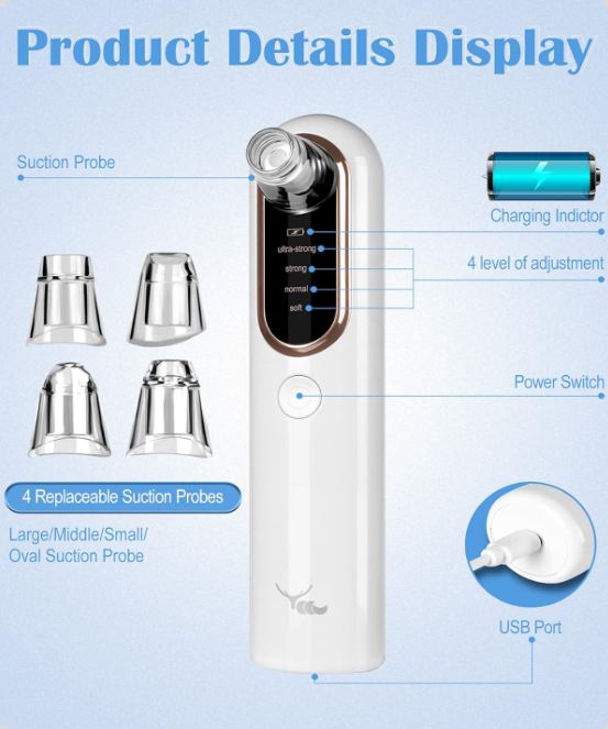 White electronic device with interchangeable suction probes on a blue background