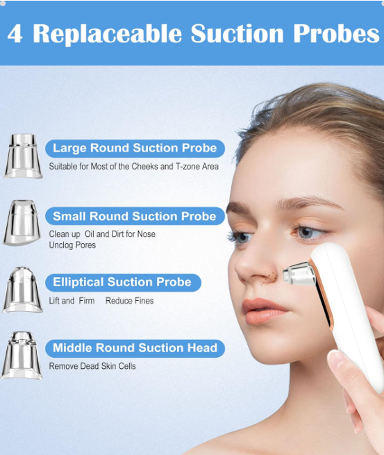 Facial cleansing device with interchangeable suction probes on a light blue background