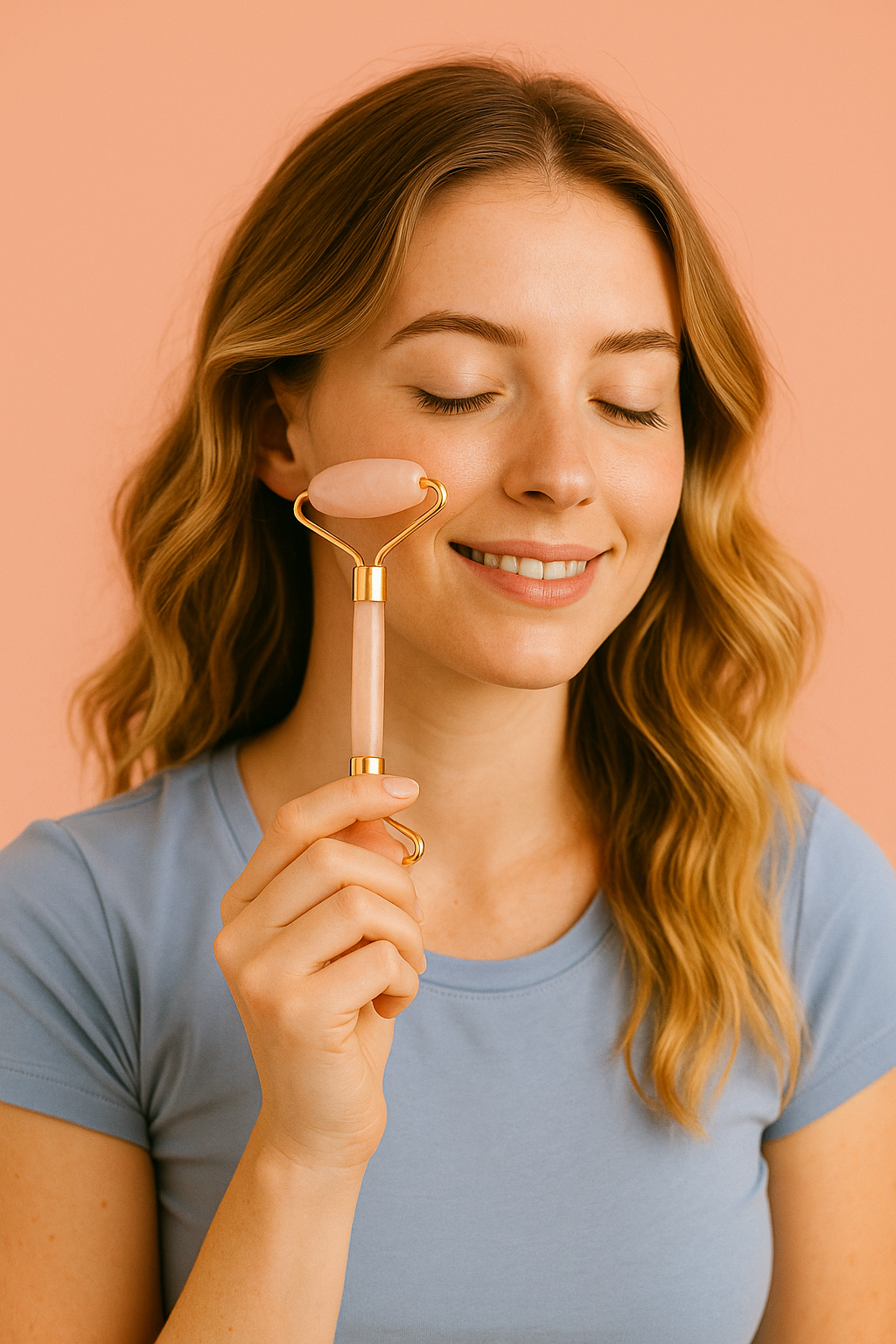 Woman holding a pink facial roller against a peach background