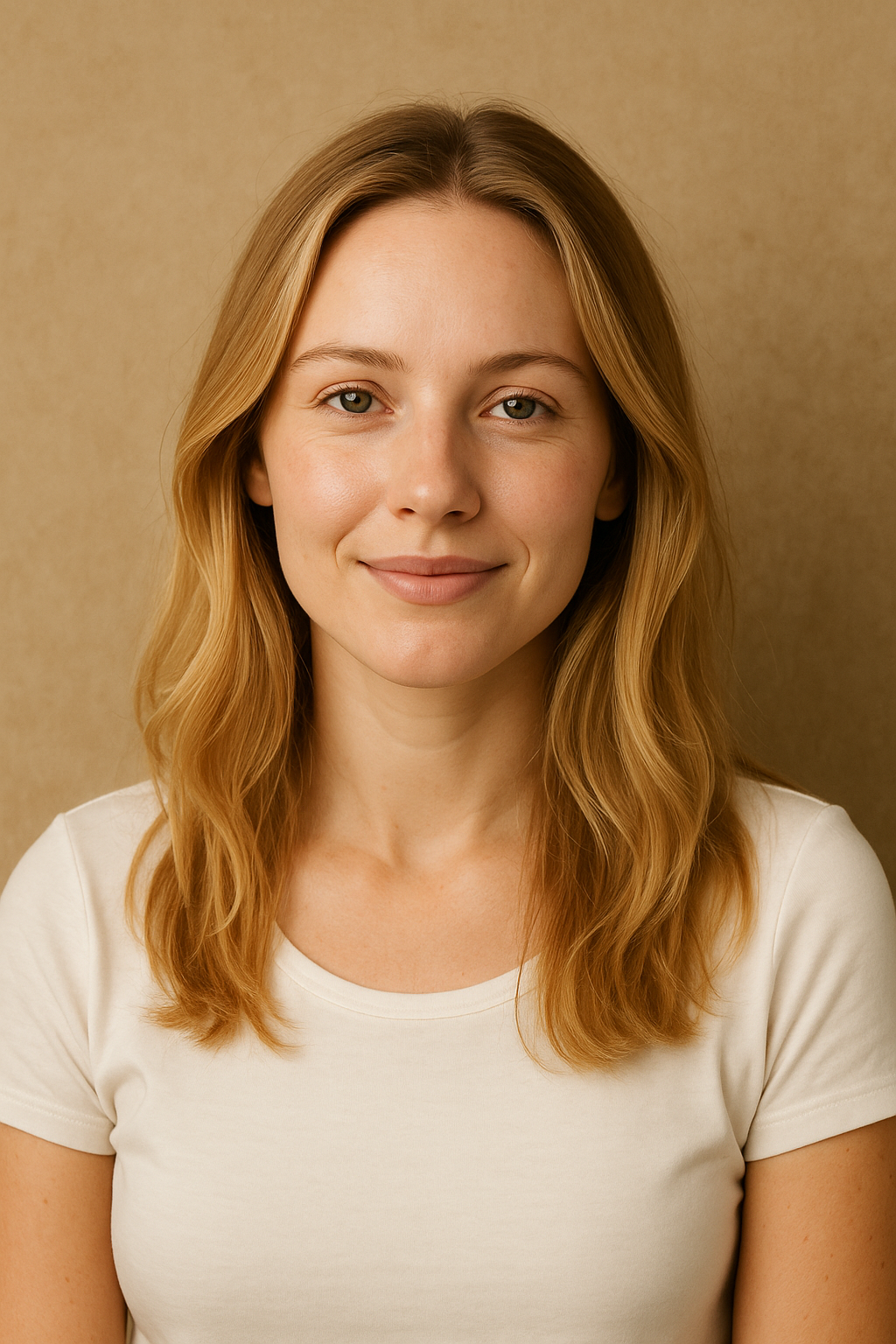 Woman with blonde hair wearing a white shirt against a beige background