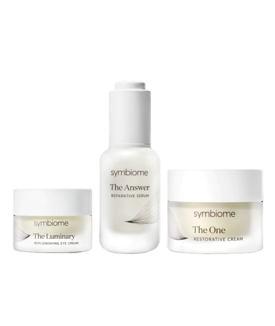 Three skincare products from the brand 'symbiome' on a white background